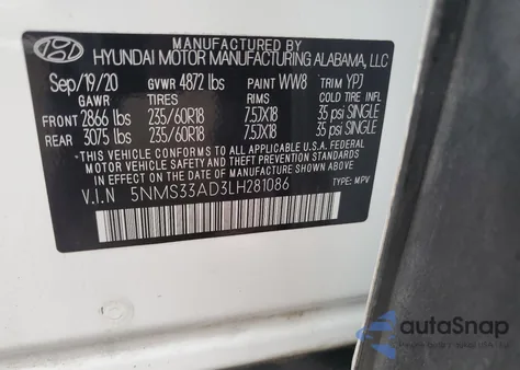 2020 Hyundai Santa Fe Sel from USA, damaged, VIN 5NMS33AD3LH281086